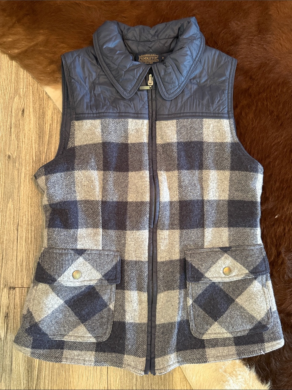 Pendleton Navy and Gray Plaid Quilted-Yoke Wool Vest